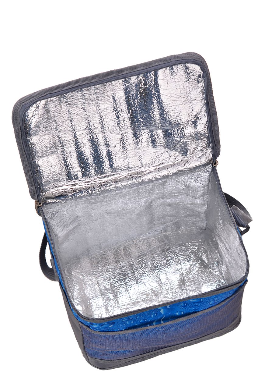 Оптом - Термосумка холодильник из водоотталкивающей ткани, объем 16 литров, фольгированная на молнии, с тканевым верхом и внешними карманами, с плечевым ремнем - F244 - domopta.ru